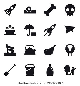 16 vector icon set : rocket, flower bed, aquapark, kettle, sheep, shovel, foam bucket, cleanser, garden cleaning