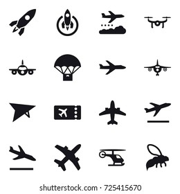 16 vector icon set : rocket, weather management, drone, plane, deltaplane, ticket, airplane, departure, arrival, wasp