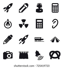 16 vector icon set : rocket, pencil, call center, calculator, nuclear, train, tent, camera, curtain, bell