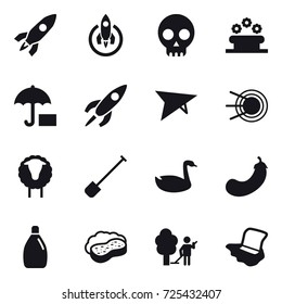 16 vector icon set : rocket, flower bed, deltaplane, sheep, shovel, goose, eggplant, cleanser, sponge with foam, garden cleaning, floor washing