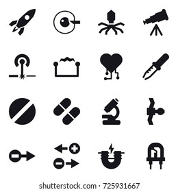 16 vector icon set : rocket, cell corection, virus, telescope, laser, electrostatic, cardio chip