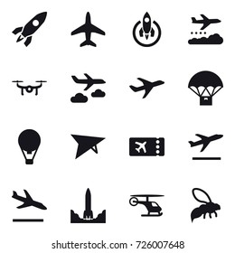 16 vector icon set : rocket, plane, weather management, drone, journey, air ballon, deltaplane, ticket, departure, arrival, wasp