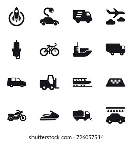 16 vector icon set : rocket, electric car, delivery, journey, spark plug, bike, train, taxi, motorcycle, jet ski, sweeper, car wash