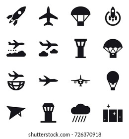 16 vector icon set : rocket, plane, parachute, weather management, journey, airport tower, air ballon, deltaplane, rain cloud, clean  window