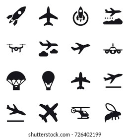 16 vector icon set : rocket, plane, weather management, drone, journey, air ballon, airplane, departure, arrival, wasp