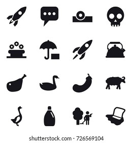 16 vector icon set : rocket, message, flower bed, kettle, goose, eggplant, sheep, cleanser, garden cleaning, floor washing