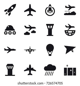 16 vector icon set : rocket, plane, weather management, lunar rover, journey, airport tower, air ballon, deltaplane, airplane, rain cloud, clean  window