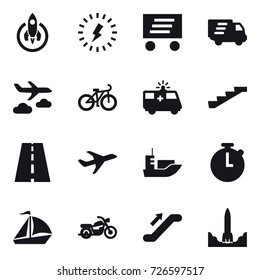 16 vector icon set : rocket, lightning, delivery, journey, bike, stairs, sail boat, motorcycle, escalator