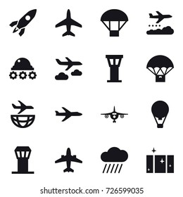 16 vector icon set : rocket, plane, parachute, weather management, lunar rover, journey, airport tower, air ballon, airplane, rain cloud, clean  window