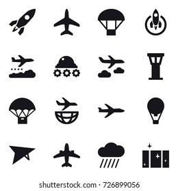 16 vector icon set : rocket, plane, parachute, weather management, lunar rover, journey, airport tower, air ballon, deltaplane, airplane, rain cloud, clean  window