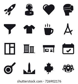 16 vector icon set : rocket, call center, heart, virtual mask, funnel, t-shirt, hot drink, draw compass, window, district, gas station, pan, maple leaf, outsource