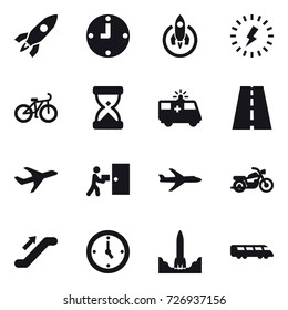 16 vector icon set : rocket, clock, lightning, bike, plane, motorcycle, escalator, watch