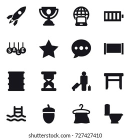 16 vector icon set : rocket, trophy, notebook globe, battery, sale, star, ballon, fence, passenger, stool, pool, acorn, hanger, toilet