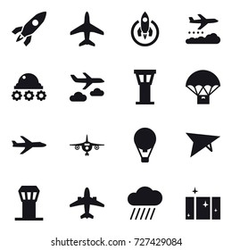 16 vector icon set : rocket, plane, weather management, lunar rover, journey, airport tower, air ballon, deltaplane, airplane, rain cloud, clean  window