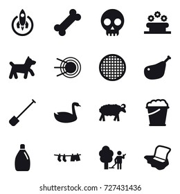 16 vector icon set : rocket, flower bed, dog, shovel, goose, sheep, foam bucket, cleanser, drying clothe, garden cleaning, floor washing