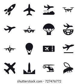 16 vector icon set : rocket, plane, weather management, drone, air ballon, ticket, departure, wasp
