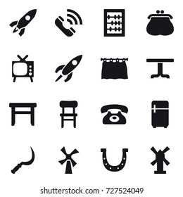 16 vector icon set : rocket, call, abacus, purse, tv, curtain, table, stool, chair, phone, fridge, sickle, windmill, horseshoe
