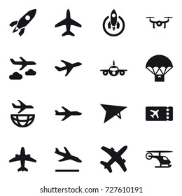 16 vector icon set : rocket, plane, drone, journey, deltaplane, ticket, airplane, arrival