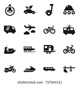 16 vector icon set : rocket, eco car, segway, lunar rover, delivery, journey, bike, train, trailer, motorcycle, jet ski, plow