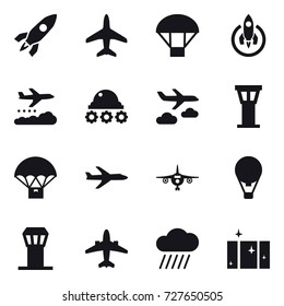 16 vector icon set : rocket, plane, parachute, weather management, lunar rover, journey, airport tower, air ballon, airplane, rain cloud, clean  window