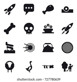 16 vector icon set : rocket, message, chicken leg, flower bed, aquapark, kettle, sheep, goose, drying clothe, garden cleaning