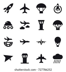 16 vector icon set : rocket, plane, parachute, lunar rover, journey, airport tower, air ballon, deltaplane, airplane, rain cloud