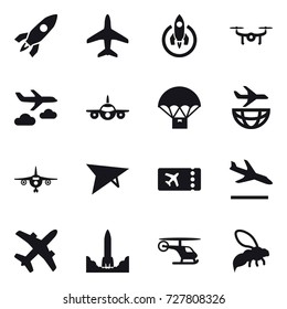 16 vector icon set : rocket, plane, drone, journey, deltaplane, ticket, arrival, wasp