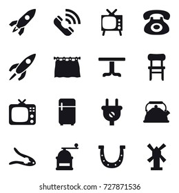 16 vector icon set : rocket, call, tv, curtain, table, chair, fridge, kettle, walnut crack, hand mill, horseshoe, windmill