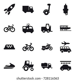 16 vector icon set : rocket, truck, segway, spark plug, bike, train, taxi, motorcycle, transfer, jet ski, tractor, sweeper, car wash