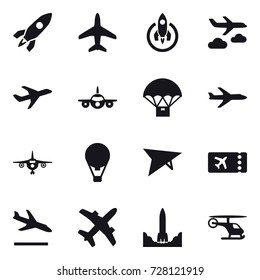 16 vector icon set : rocket, plane, journey, air ballon, deltaplane, ticket, arrival