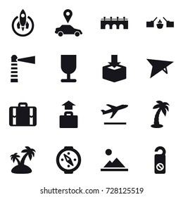 16 vector icon set : rocket, car pointer, bridge, drawbridge, lighthouse, deltaplane, suitcase, baggage, departure, palm, island, compass, landscape, do not distrub