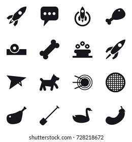 16 vector icon set : rocket, message, chicken leg, flower bed, deltaplane, dog, shovel, goose, eggplant
