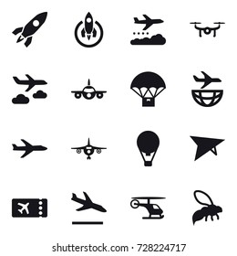 16 vector icon set : rocket, weather management, drone, journey, plane, air ballon, deltaplane, ticket, arrival, wasp