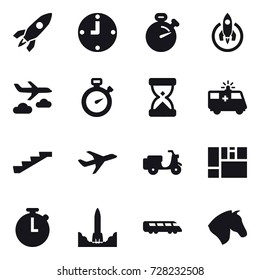 16 vector icon set : rocket, clock, stopwatch, journey, stairs, horse