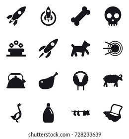 16 vector icon set : rocket, flower bed, dog, kettle, sheep, goose, cleanser, drying clothe, floor washing