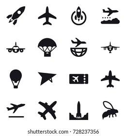 16 vector icon set : rocket, plane, weather management, air ballon, deltaplane, ticket, airplane, departure, wasp