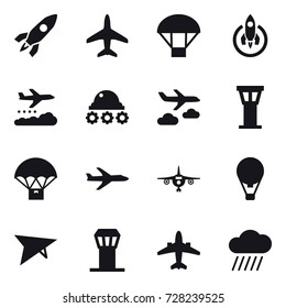 16 vector icon set : rocket, plane, parachute, weather management, lunar rover, journey, airport tower, air ballon, deltaplane, airplane, rain cloud