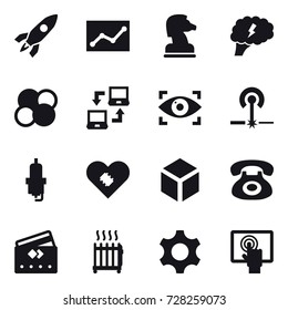 16 vector icon set : rocket, statistic, chess horse, brain, atom core, notebook connect, eye identity, laser, spark plug, 3d, credit card, radiator