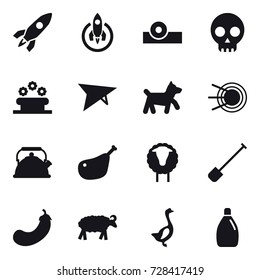 16 vector icon set : rocket, flower bed, deltaplane, dog, kettle, sheep, shovel, eggplant, goose, cleanser