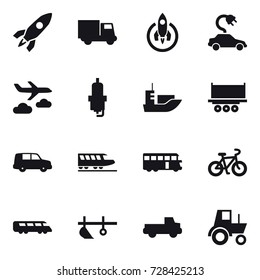16 vector icon set : rocket, truck, electric car, journey, spark plug, train, bus, bike, plow, pickup, tractor