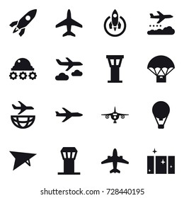 16 vector icon set : rocket, plane, weather management, lunar rover, journey, airport tower, air ballon, deltaplane, airplane, clean  window