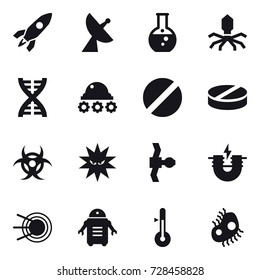 16 vector icon set : rocket, satellite antenna, round flask, virus, dna, lunar rover, thermometer, microb