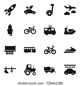 16 vector icon set : rocket, eco car, segway, journey, spark plug, bike, bus, jet ski, plow, tractor, sweeper, car wash
