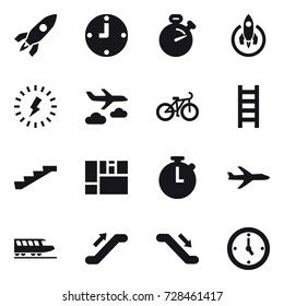 16 vector icon set : rocket, clock, stopwatch, lightning, journey, bike, stairs, plane, train, escalator, watch