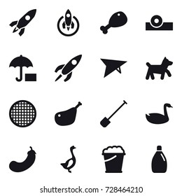 16 vector icon set : rocket, chicken leg, deltaplane, dog, shovel, goose, eggplant, foam bucket, cleanser