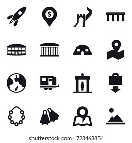 16 vector icon set : rocket, dollar pin, greate wall, bridge, airport building, dome house, earth, trailer, detector, baggage get, hawaiian wreath, flippers, map, landscape
