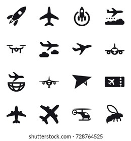 16 vector icon set : rocket, plane, weather management, drone, journey, deltaplane, ticket, airplane, wasp