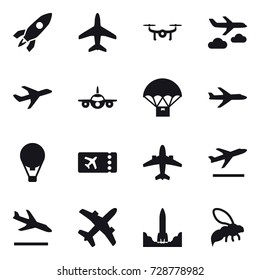 16 vector icon set : rocket, plane, drone, journey, air ballon, ticket, airplane, departure, arrival, wasp