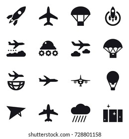 16 vector icon set : rocket, plane, parachute, weather management, lunar rover, journey, air ballon, deltaplane, airplane, rain cloud, clean  window