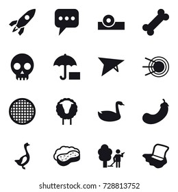 16 vector icon set : rocket, message, deltaplane, sheep, goose, eggplant, sponge with foam, garden cleaning, floor washing
